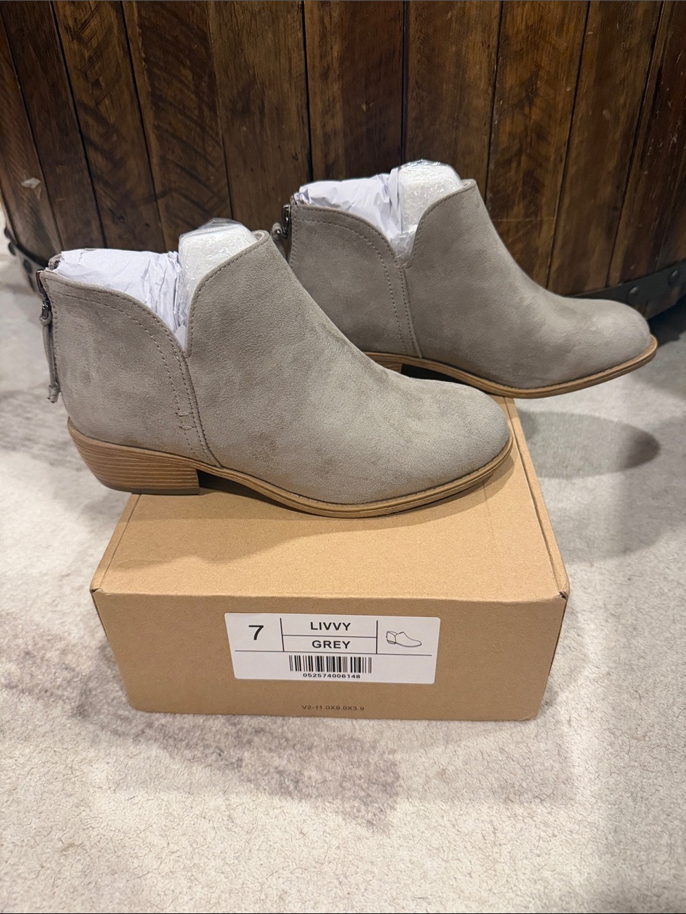 Journee Collection Grey Suede Ankle Booties with Low Stacked Heel